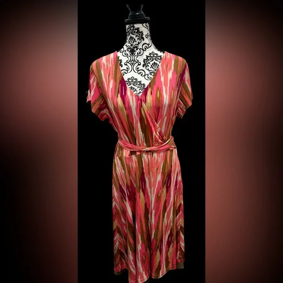 IMAN Global Chic Pink Multicolor Faux Wrap Dress Belt Short Sleeve - Picture 3 of 13